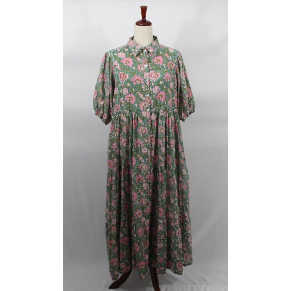 LILBELLE Sz M/L Teal Pink Floral Print Maxi Shirt Dress Tiered Block Print
